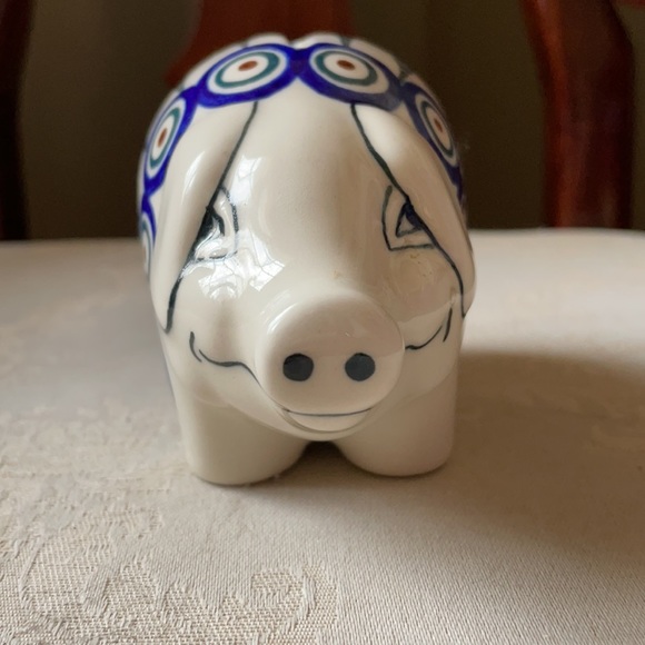 Polish piggy bank by Manufaktura w Bolestawcu peacock leaves pattern, ceramic - Picture 2 of 10